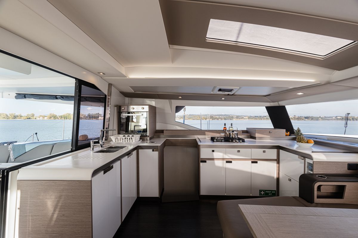 Galley of Vienna Pearl, a Fountaine Pajot Elba 45 catamaran at Preveza, Greece