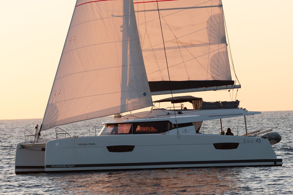 Exterior view of Vienna Pearl, a Fountaine Pajot Elba 45 catamaran at Preveza, Greece