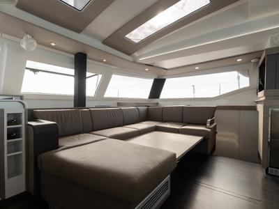 Salon of Vienna Pearl, a Fountaine Pajot Elba 45 catamaran at Preveza, Greece