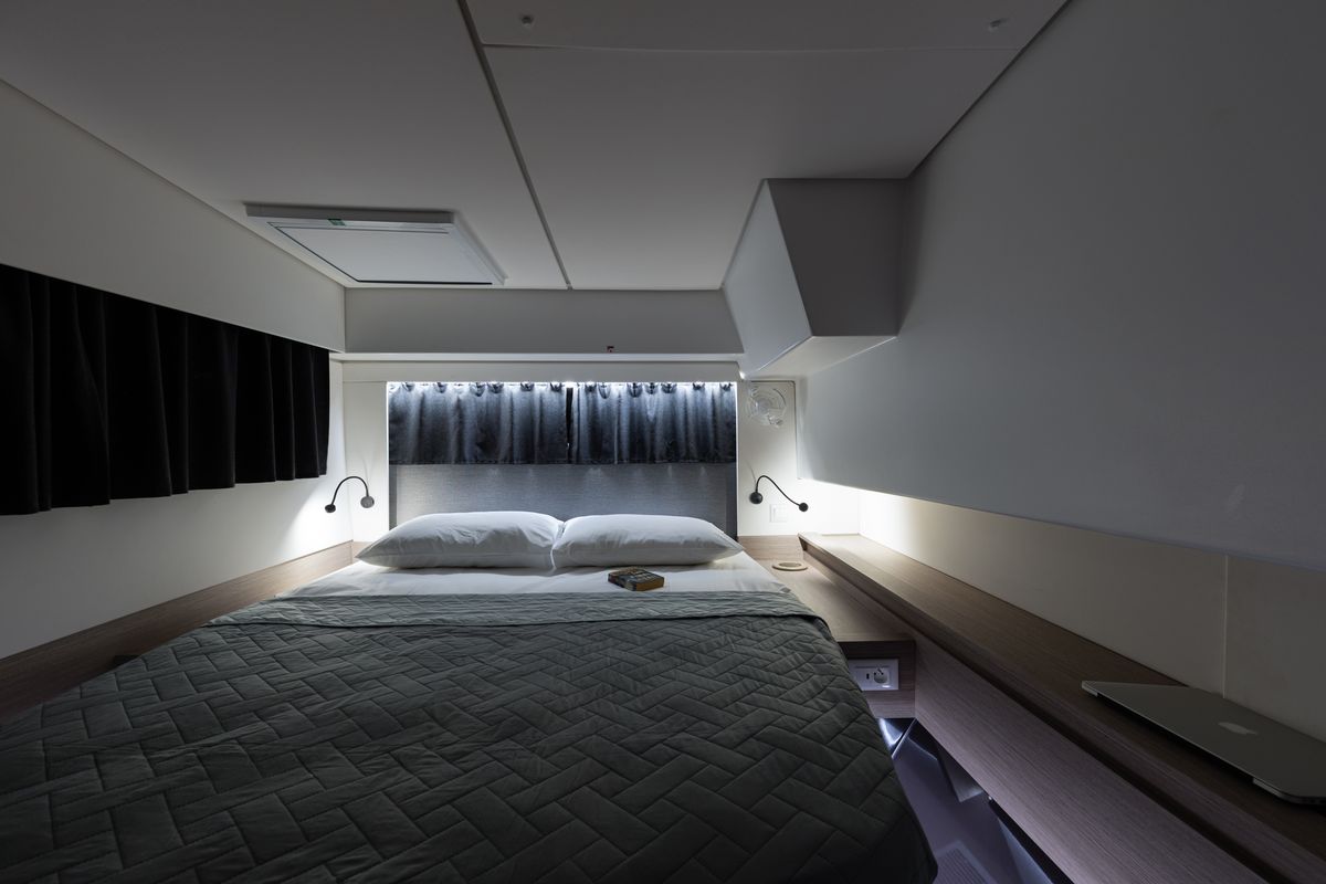 Cabin on Vienna Pearl, a Fountaine Pajot Elba 45 catamaran at Preveza, Greece