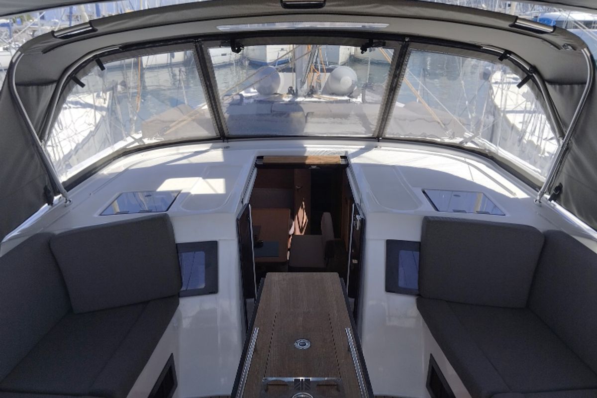 Cockpit of Marco Polo, a Dufour 470 sailboat at Municipal Unit of Lefkada, Greece