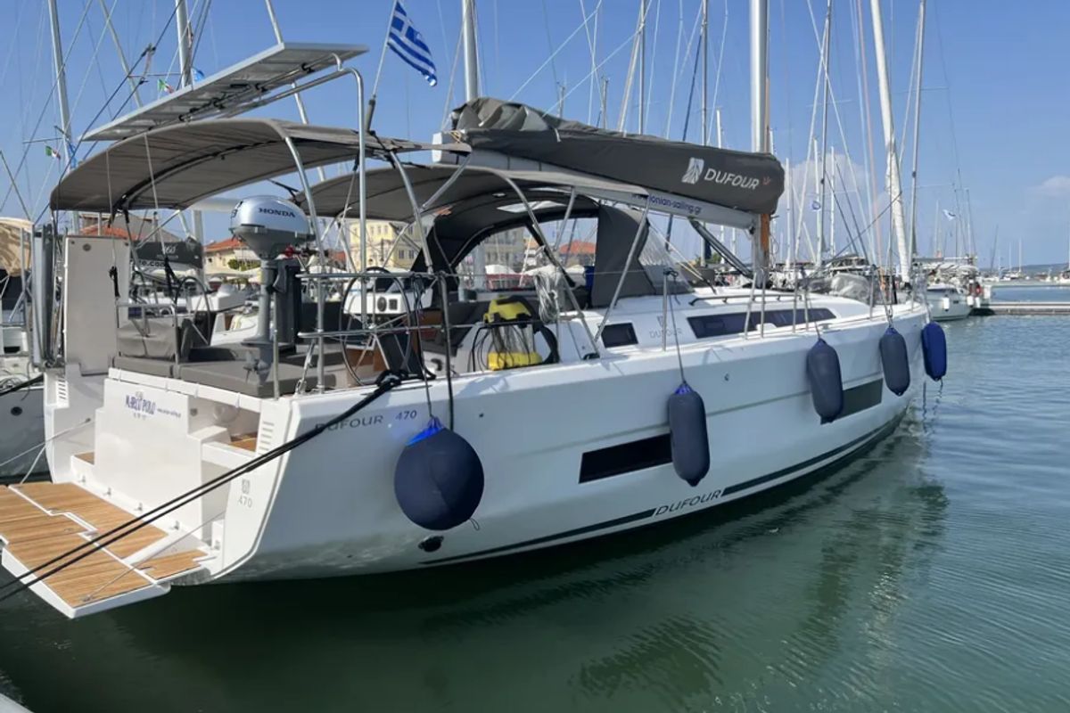 Exterior view of Marco Polo, a Dufour 470 sailboat at Municipal Unit of Lefkada, Greece