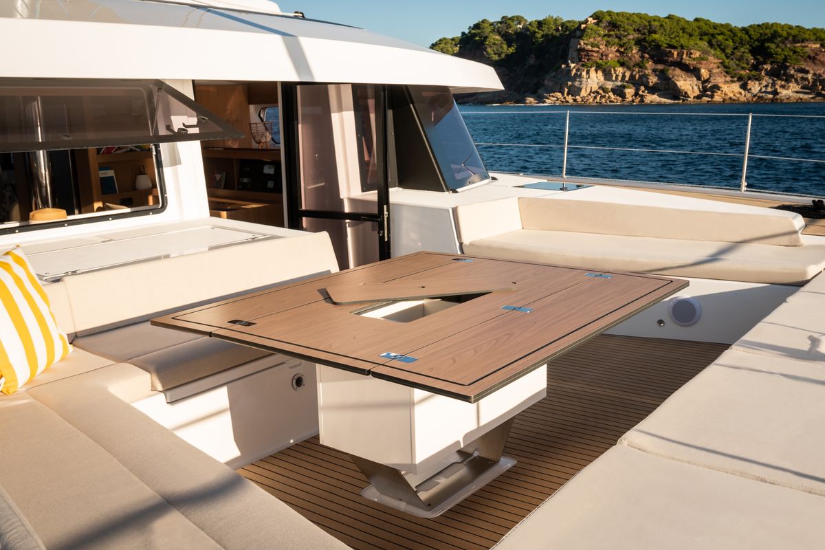 Deck of CRAZY BABY TOO, a Bali 5.8 catamaran at Port d'Andratx, Spain