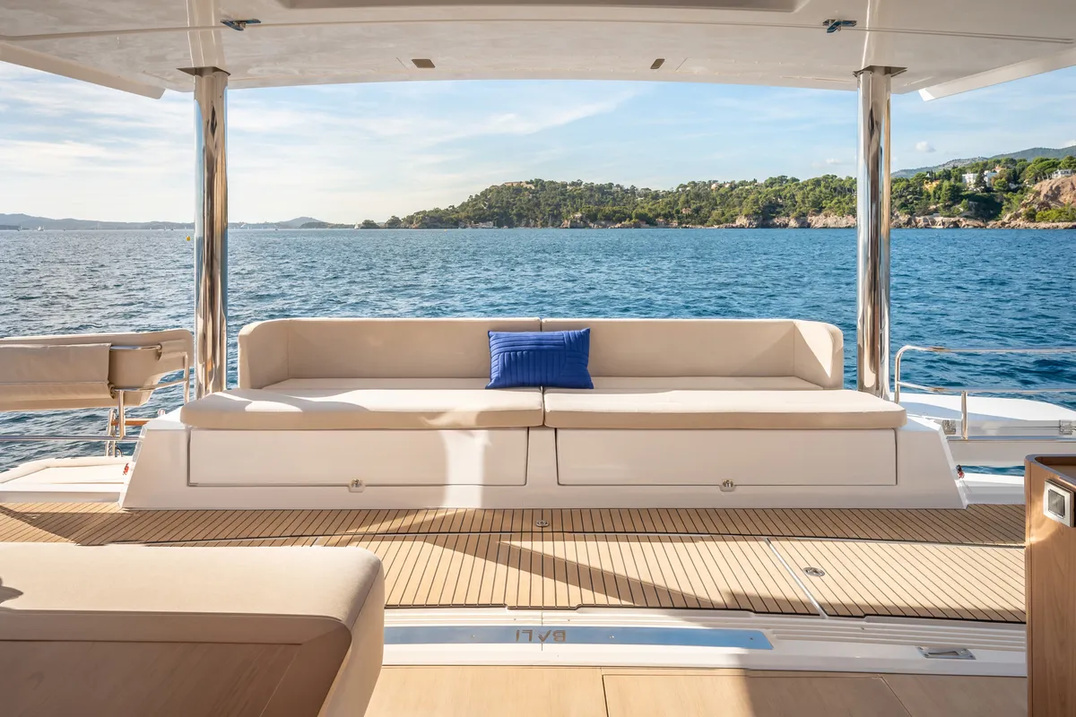 Deck of CRAZY BABY TOO, a Bali 5.8 catamaran at Port d'Andratx, Spain