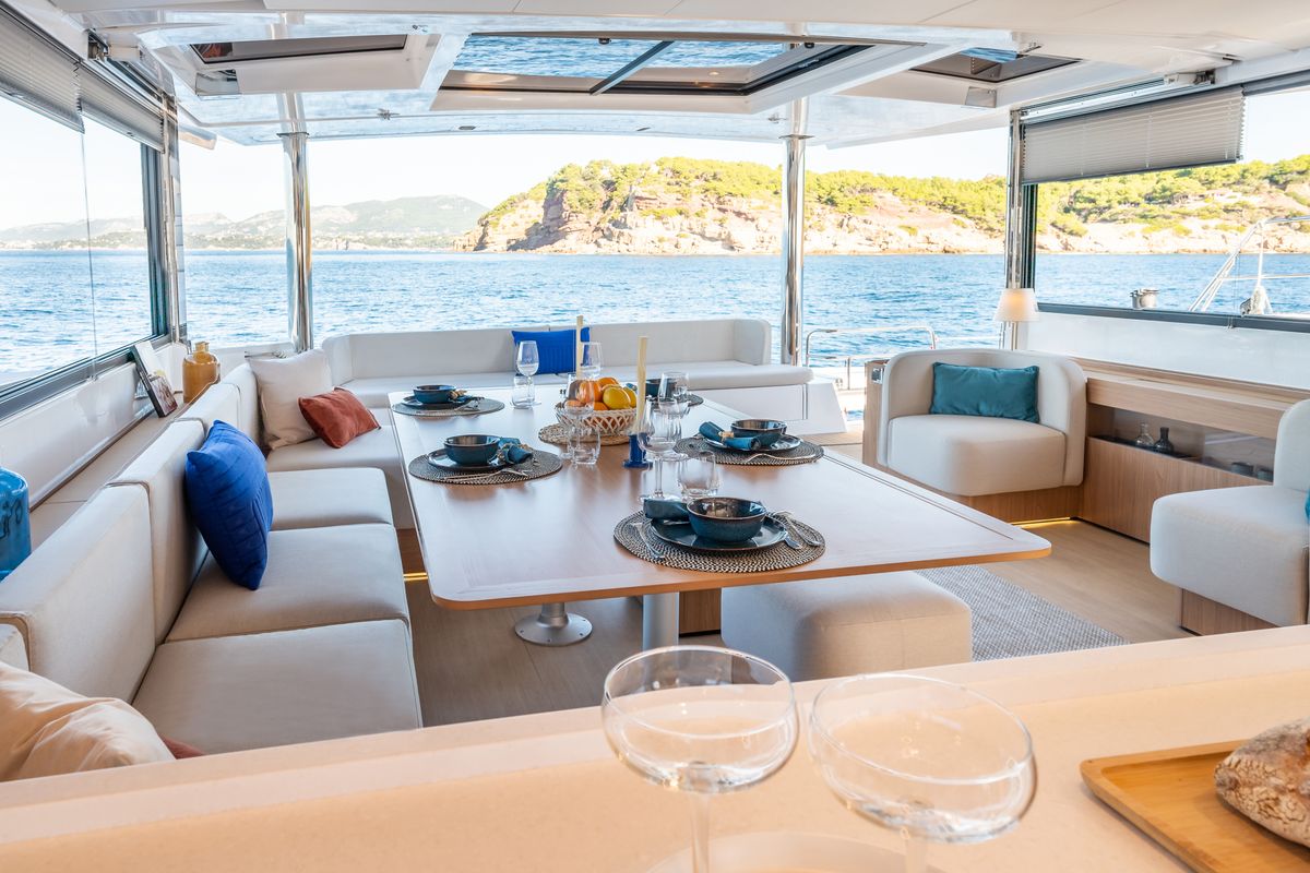 Salon of CRAZY BABY TOO, a Bali 5.8 catamaran at Port d'Andratx, Spain