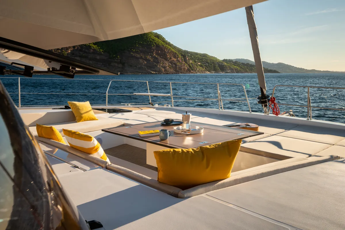 Deck of CRAZY BABY TOO, a Bali 5.8 catamaran at Port d'Andratx, Spain