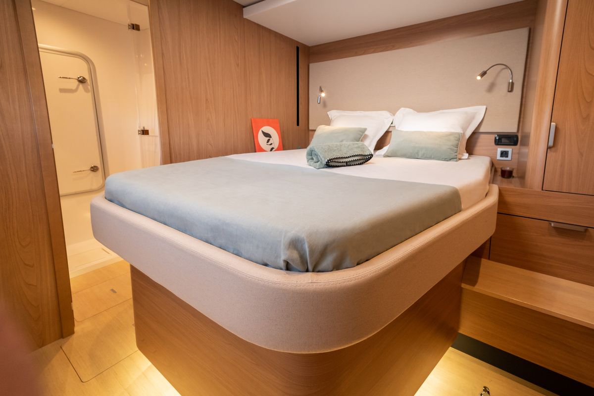 Cabin on CRAZY BABY TOO, a Bali 5.8 catamaran at Port d'Andratx, Spain