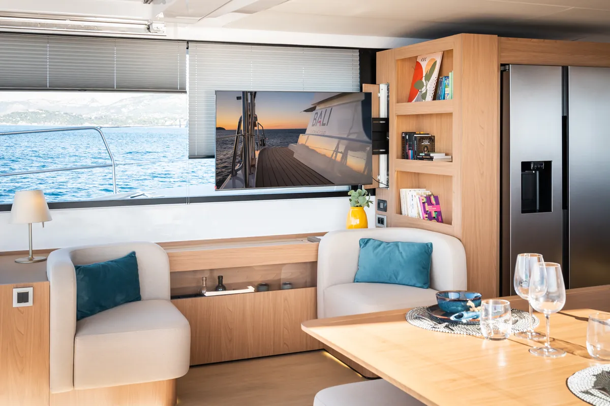 Salon of CRAZY BABY TOO, a Bali 5.8 catamaran at Port d'Andratx, Spain