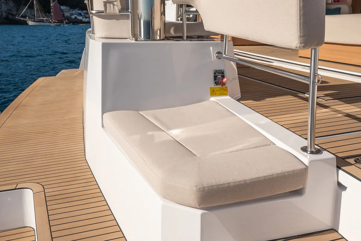 Deck of CRAZY BABY TOO, a Bali 5.8 catamaran at Port d'Andratx, Spain