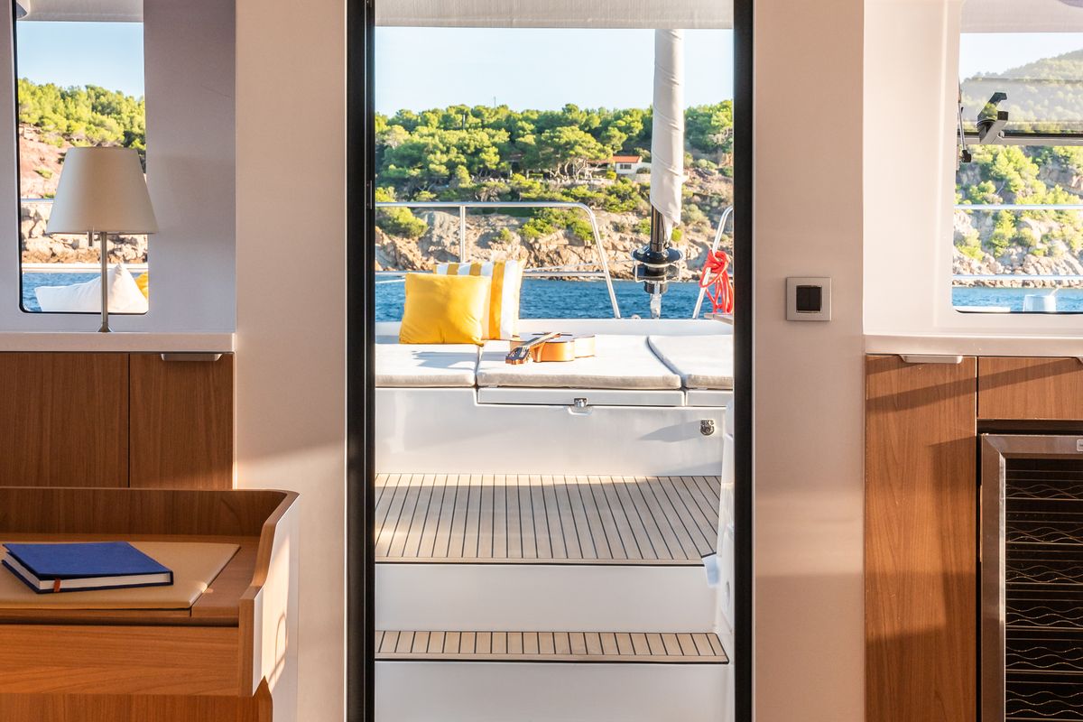 Deck of CRAZY BABY TOO, a Bali 5.8 catamaran at Port d'Andratx, Spain