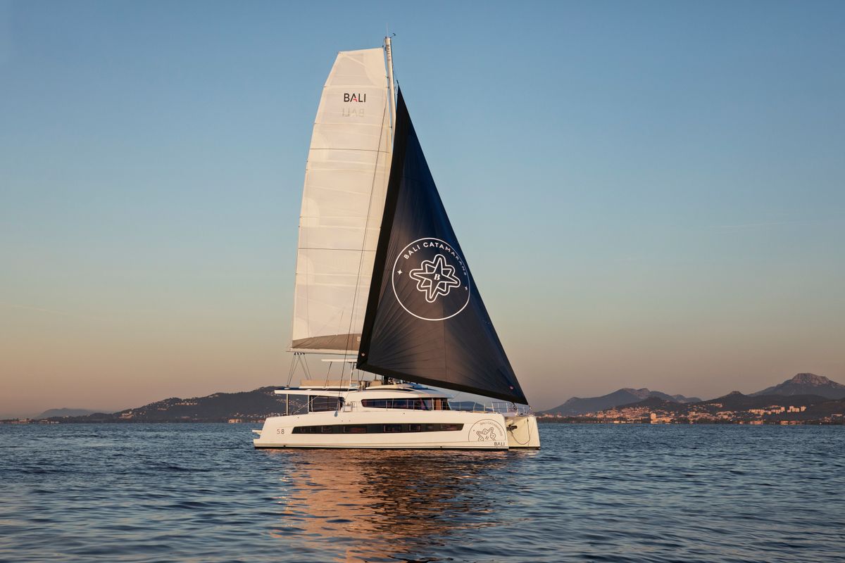 Exterior view of CRAZY BABY TOO, a Bali 5.8 catamaran at Port d'Andratx, Spain
