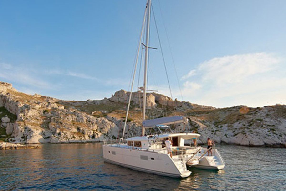 Exterior view of Christina I, a Lagoon 400 S2 catamaran at Athens, Greece