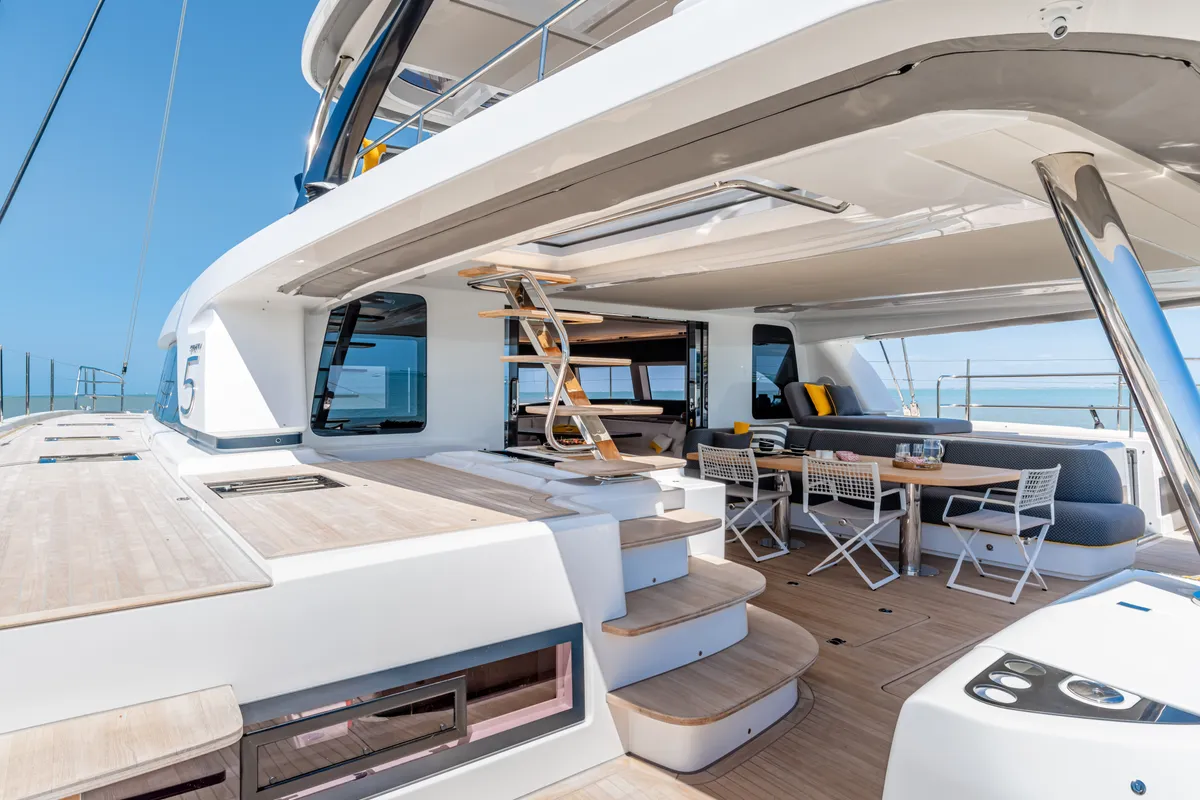Deck of SAILUXE - Aura, a Lagoon Sixty 5 catamaran at Olbia, Italy