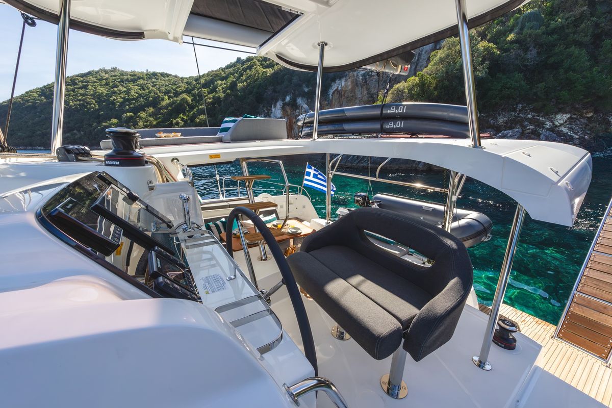 Cockpit of INSPIRE, a Lagoon 42 catamaran at Municipal Unit of Lefkada, Greece