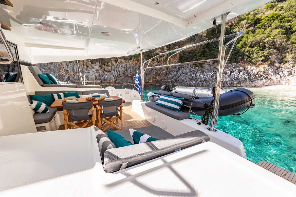 Deck of INSPIRE, a Lagoon 42 catamaran at Municipal Unit of Lefkada, Greece