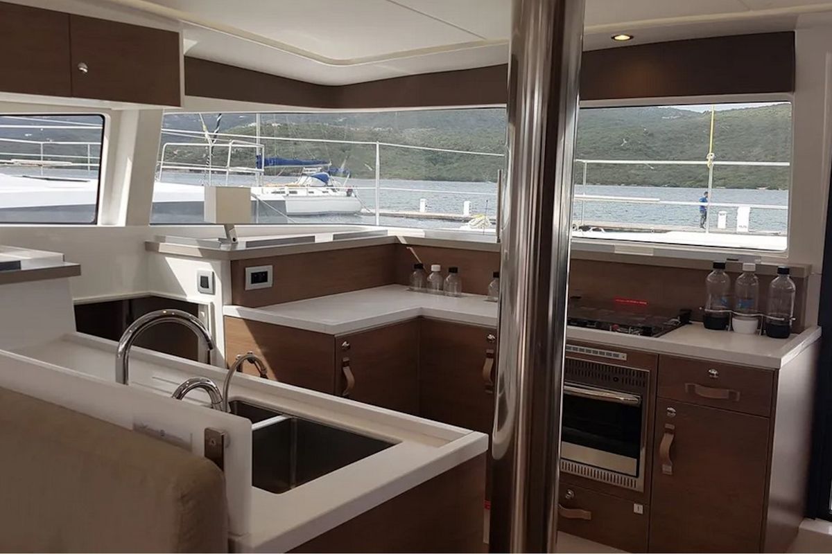 Galley of Ziphius, a Bali 4.2 catamaran at Olbia, Italy