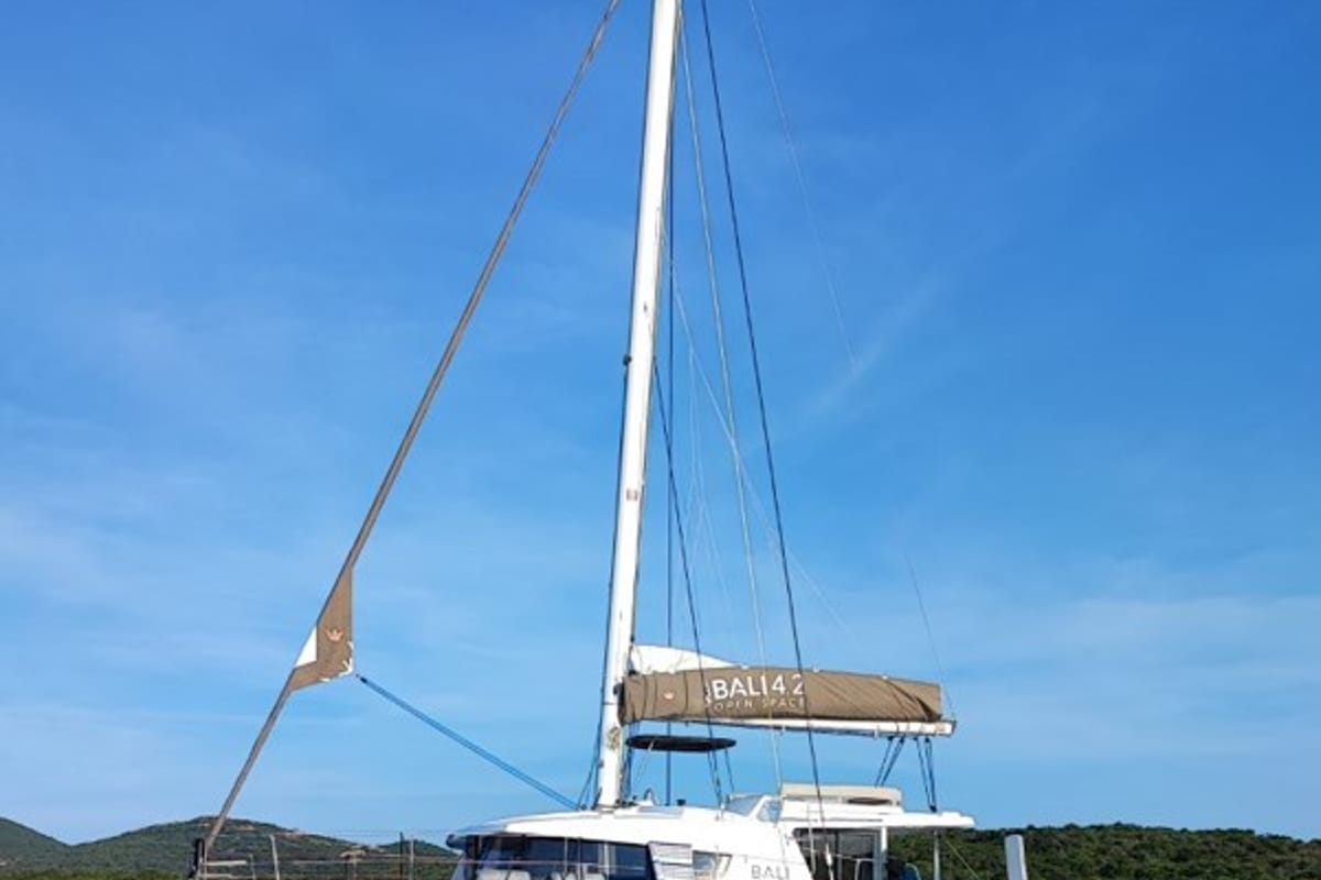 Exterior view of Ziphius, a Bali 4.2 catamaran at Olbia, Italy