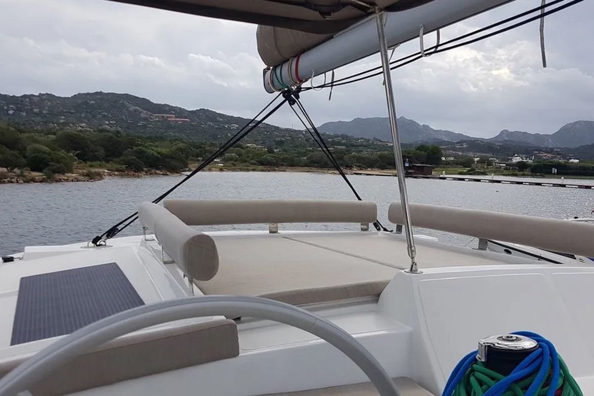 Deck of Ziphius, a Bali 4.2 catamaran at Olbia, Italy