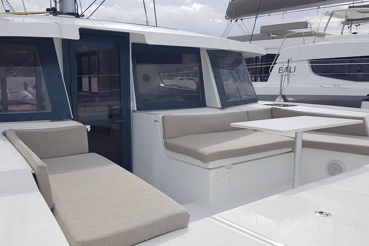 Deck of Ziphius, a Bali 4.2 catamaran at Olbia, Italy