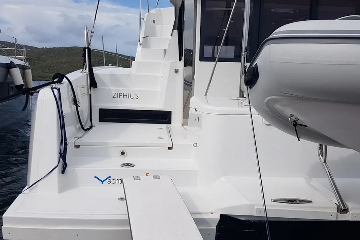 Exterior view of Ziphius, a Bali 4.2 catamaran at Olbia, Italy