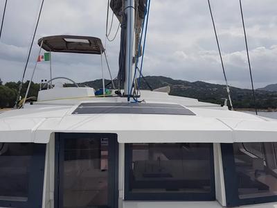 Cockpit of Ziphius, a Bali 4.2 catamaran at Olbia, Italy