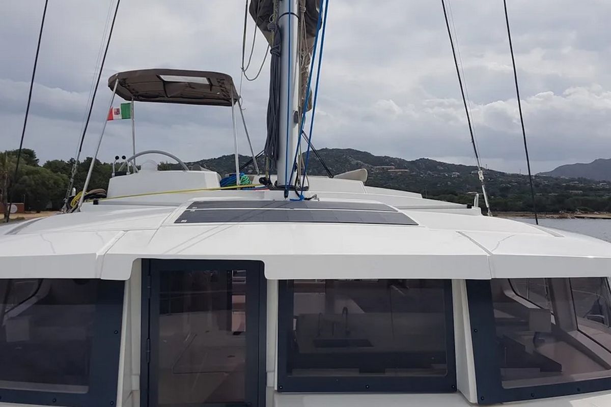 Cockpit of Ziphius, a Bali 4.2 catamaran at Olbia, Italy