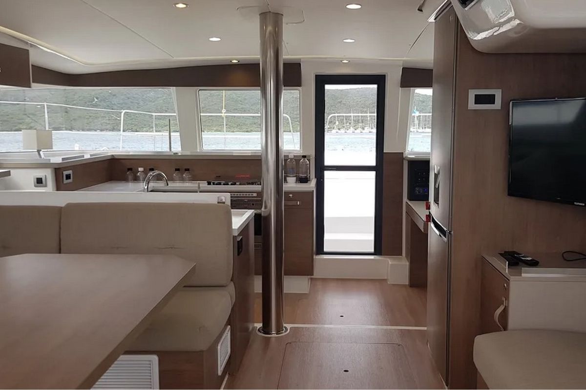 Salon of Ziphius, a Bali 4.2 catamaran at Olbia, Italy