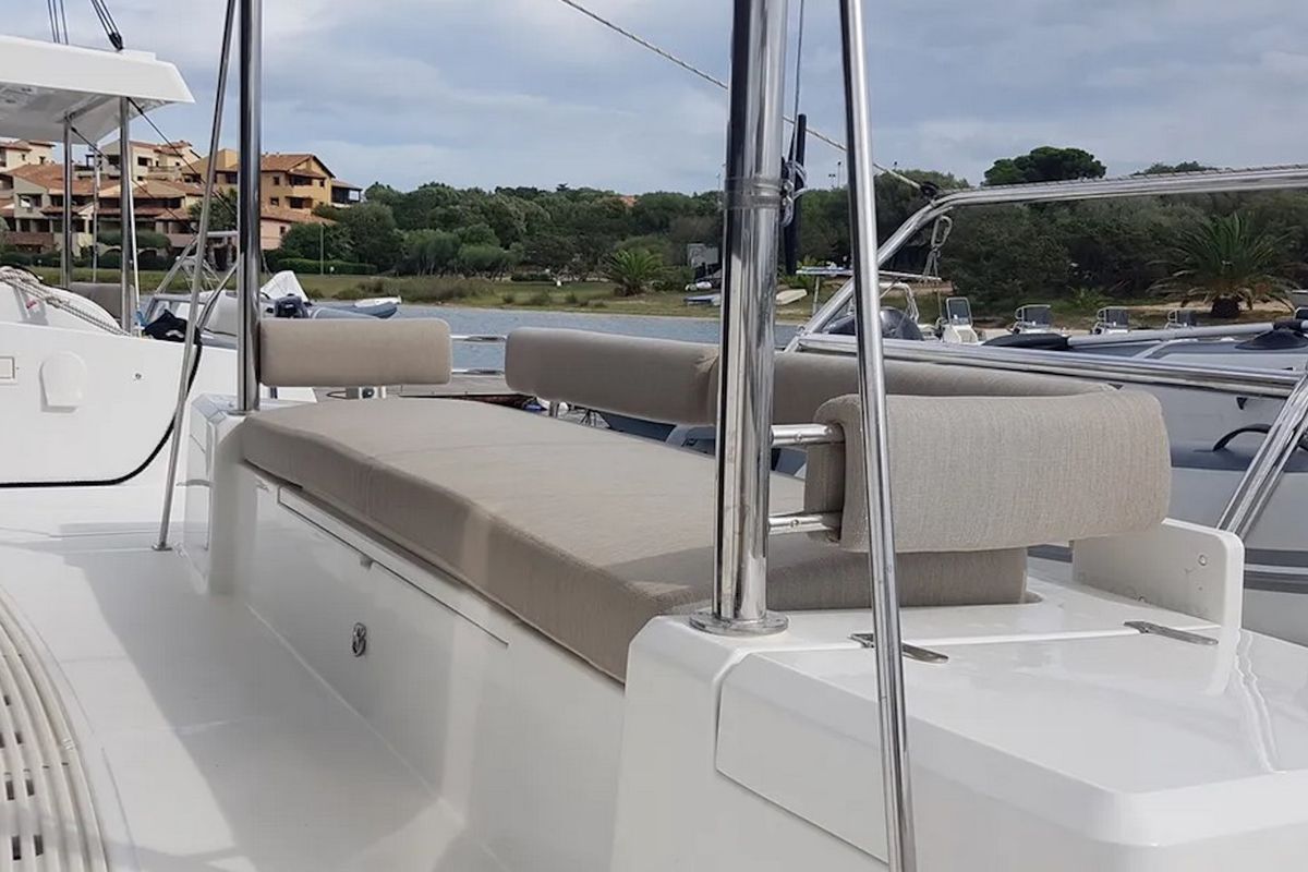 Deck of Ziphius, a Bali 4.2 catamaran at Olbia, Italy