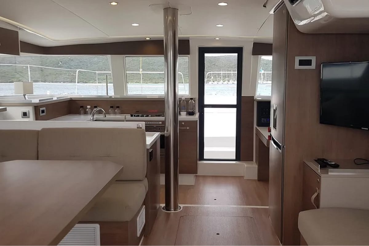 Salon of Ziphius, a Bali 4.2 catamaran at Olbia, Italy