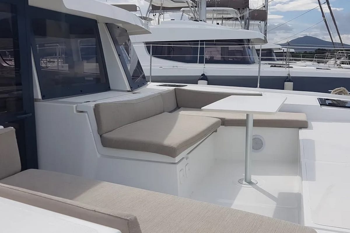 Deck of Ziphius, a Bali 4.2 catamaran at Olbia, Italy