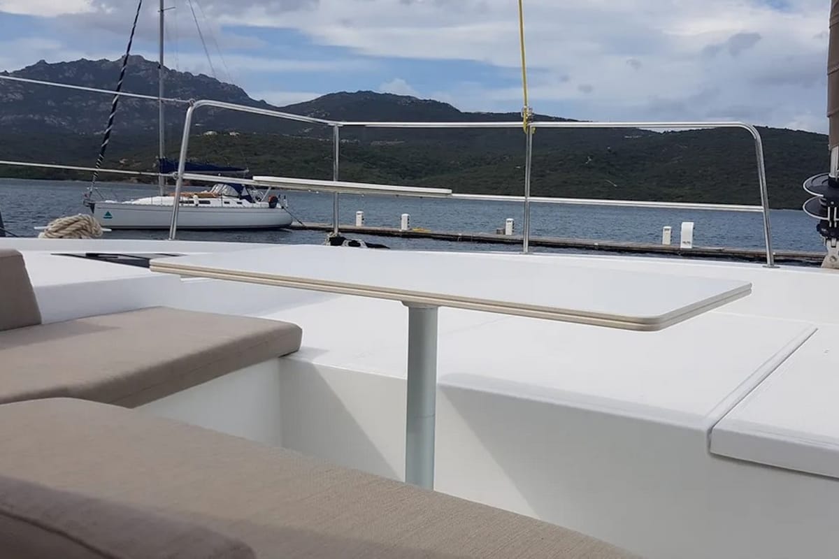 Deck of Ziphius, a Bali 4.2 catamaran at Olbia, Italy