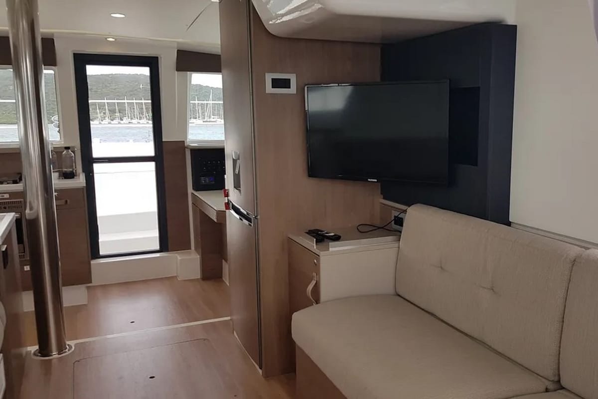 Salon of Ziphius, a Bali 4.2 catamaran at Olbia, Italy
