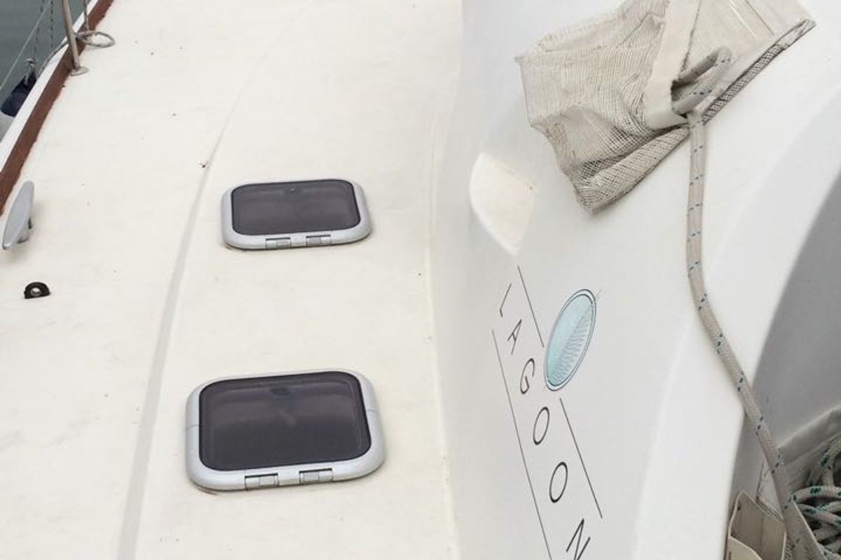 Deck of Vega, a Lagoon 410 S2 catamaran at Cagliari, Italy