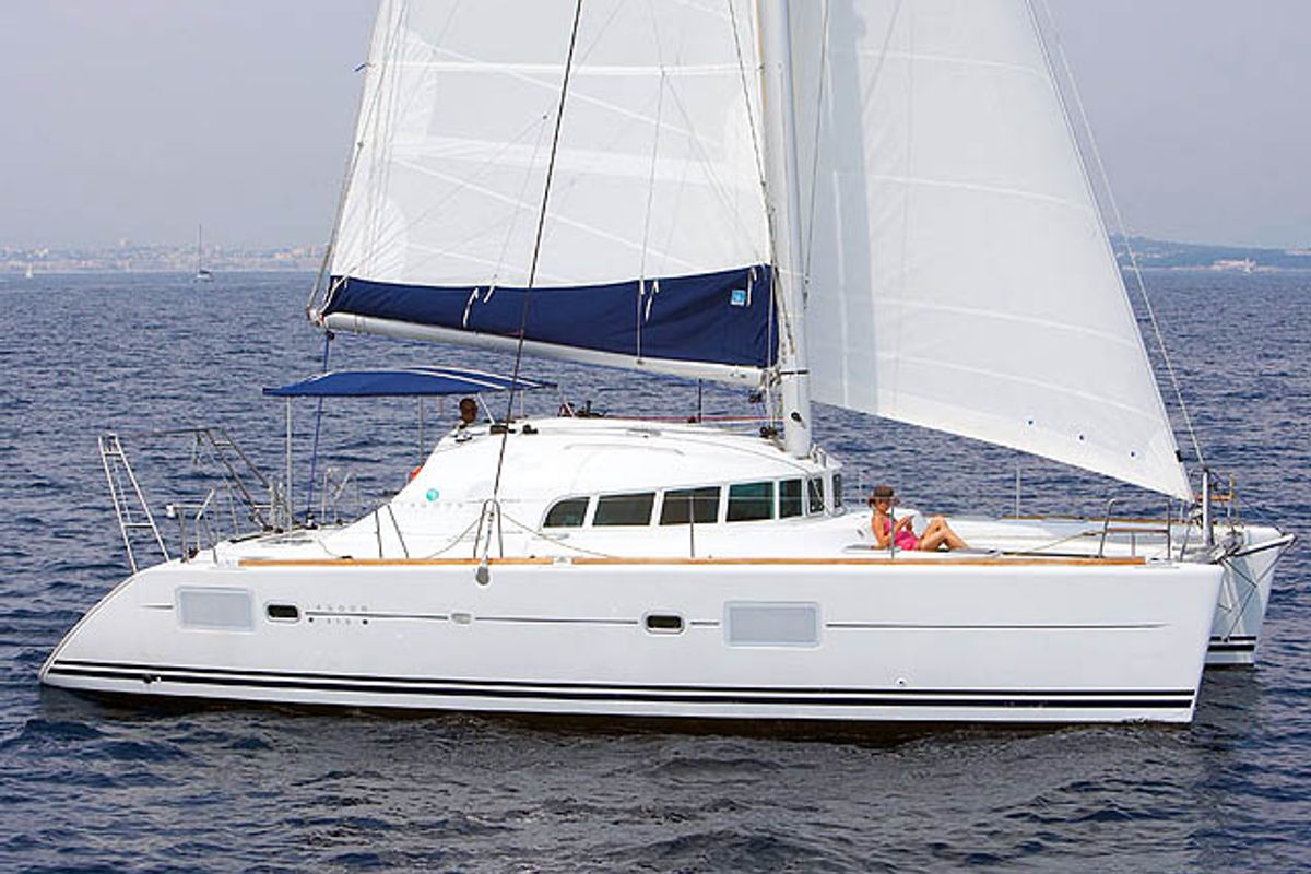 Exterior view of Vega, a Lagoon 410 S2 catamaran at Cagliari, Italy
