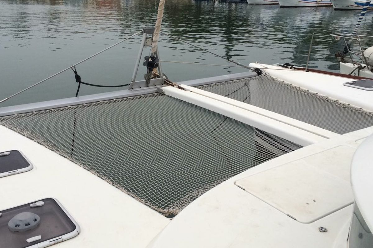 Deck of Vega, a Lagoon 410 S2 catamaran at Cagliari, Italy