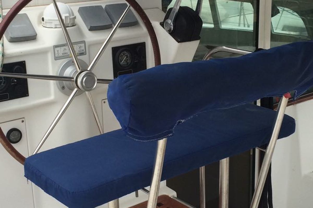 Cockpit of Vega, a Lagoon 410 S2 catamaran at Cagliari, Italy