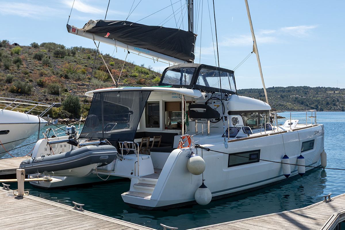 Exterior view of Bye Bye 2020, a Lagoon 40 catamaran at Primošten, Croatia
