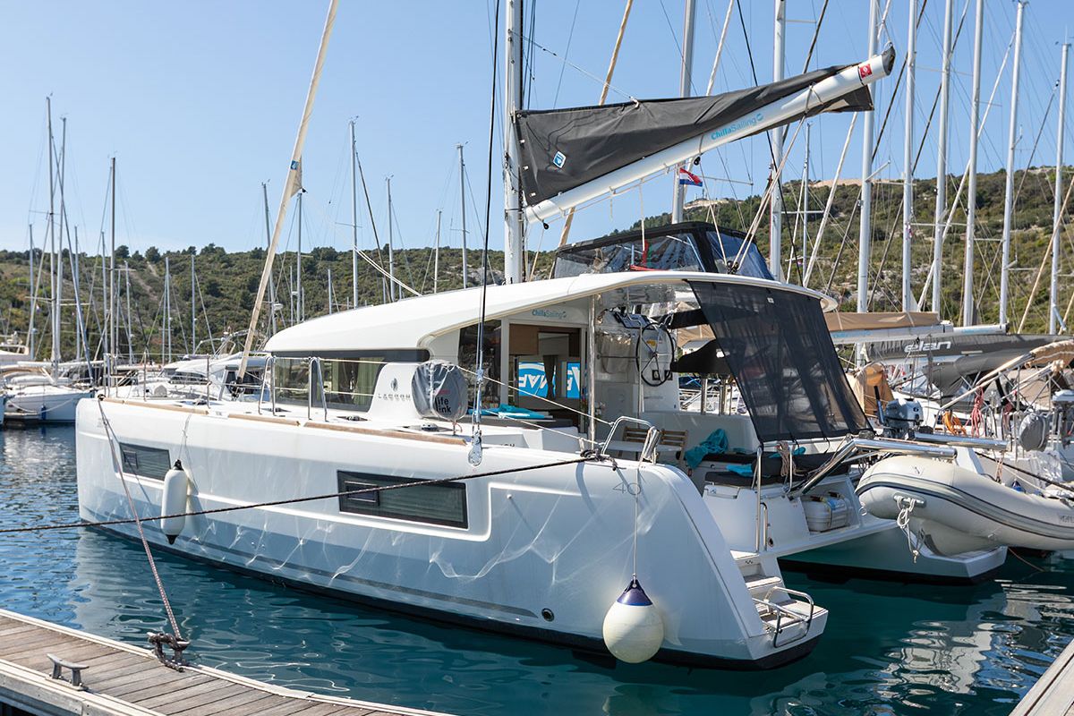 Exterior view of Bye Bye 2020, a Lagoon 40 catamaran at Primošten, Croatia
