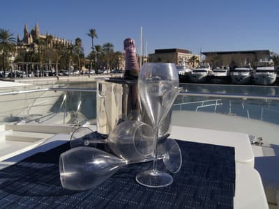 Deck of Tres Sirenas, a Ferretti 175 FLY motorboat at es Jonquet, Spain