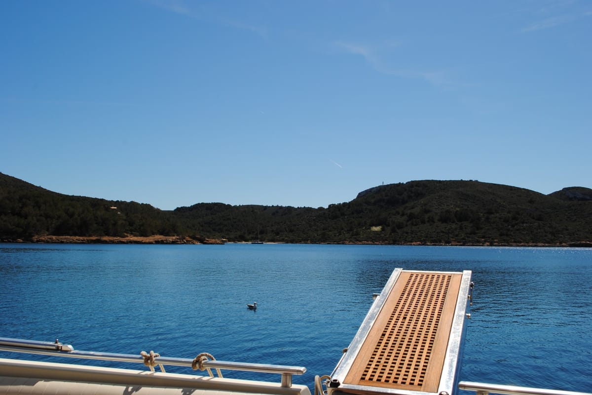 Deck of Tres Sirenas, a Ferretti 175 FLY motorboat at es Jonquet, Spain