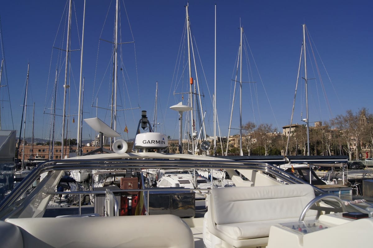 Deck of Tres Sirenas, a Ferretti 175 FLY motorboat at es Jonquet, Spain