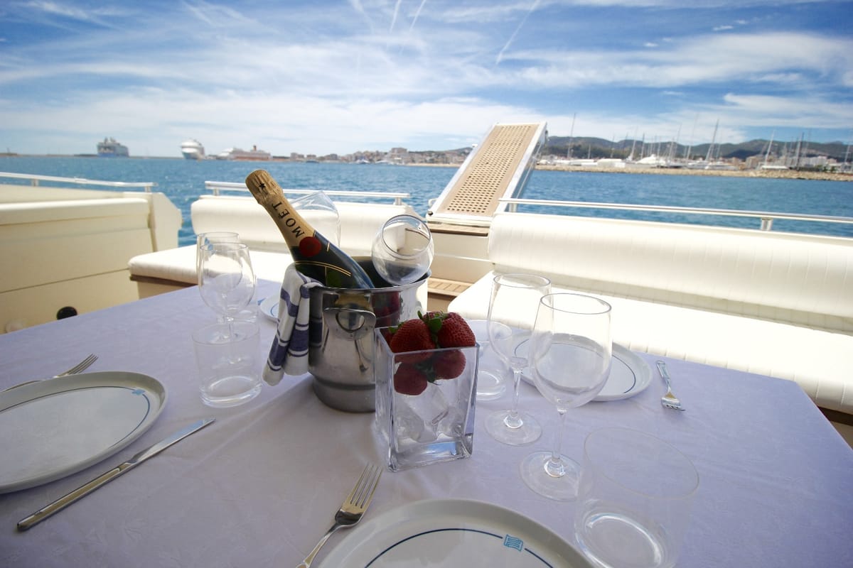 Deck of Tres Sirenas, a Ferretti 175 FLY motorboat at es Jonquet, Spain