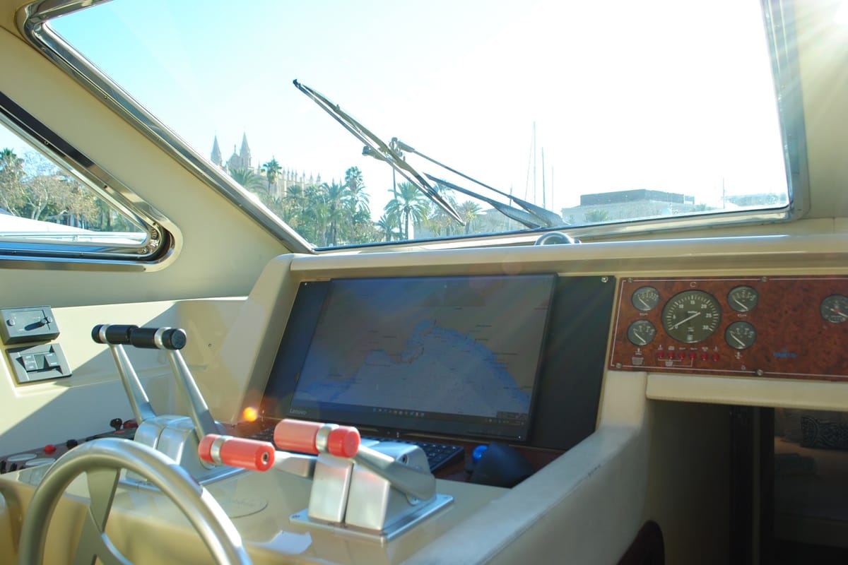 Cockpit of Tres Sirenas, a Ferretti 175 FLY motorboat at es Jonquet, Spain