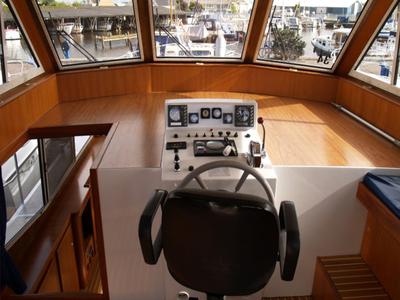 Cockpit of Drait 34, a De Drait Renal 50 motorboat at Drachten, Netherlands