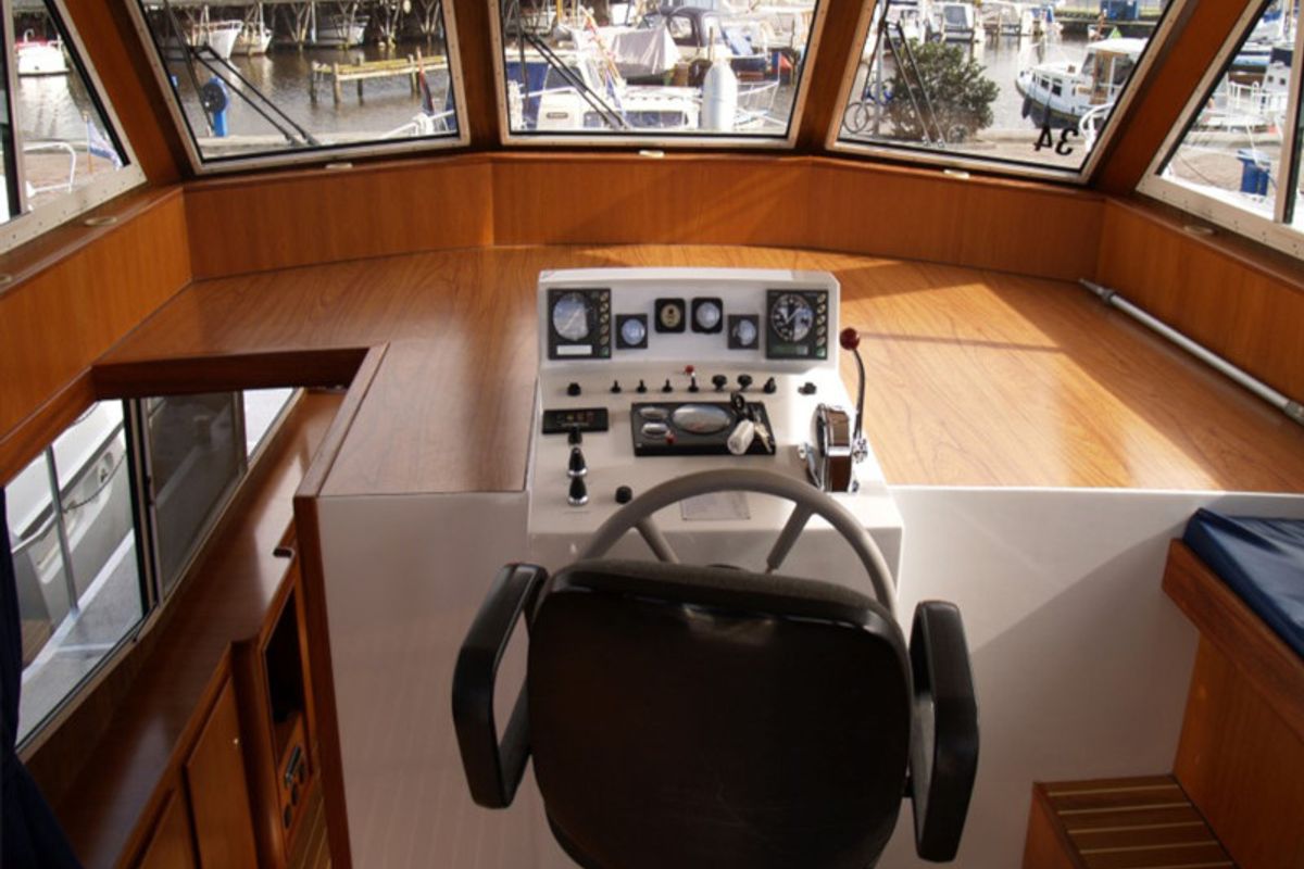 Cockpit of Drait 34, a De Drait Renal 50 motorboat at Drachten, Netherlands