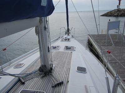 Deck of Monarque, a Dufour 445 Grand Large sailboat at Saint-Cast-le-Guildo, France