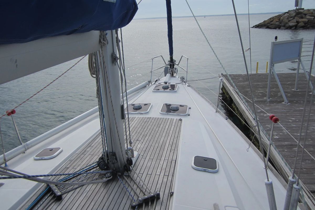 Deck of Monarque, a Dufour 445 Grand Large sailboat at Saint-Cast-le-Guildo, France