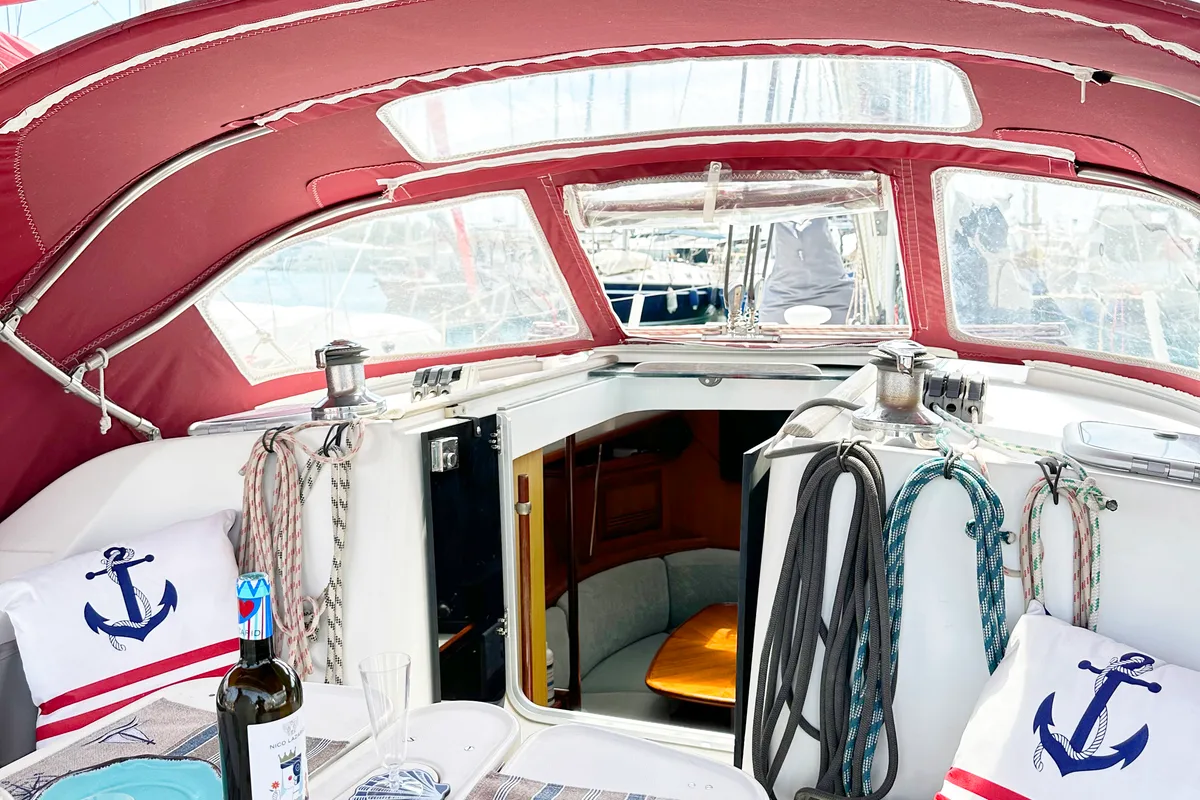 Deck of ARGO, a Beneteau Oceanis 393 sailboat at Marina Delta Kallithea, Greece