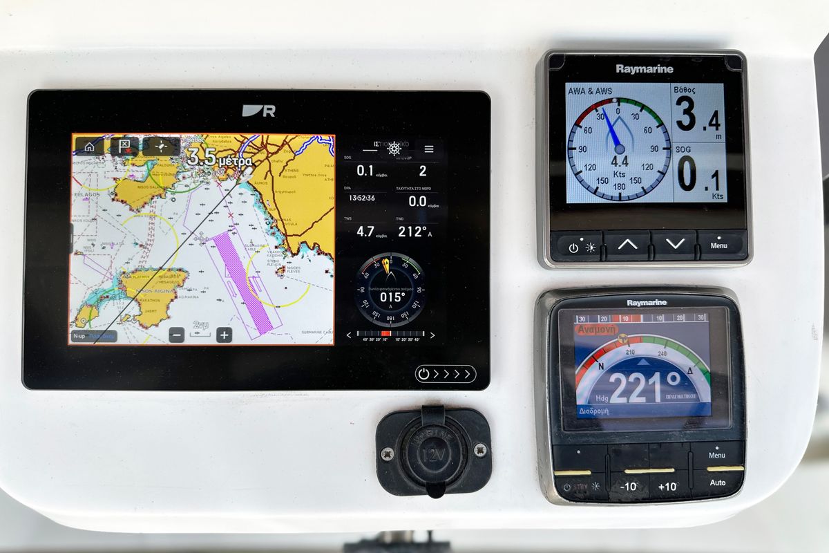 Cockpit of ARGO, a Beneteau Oceanis 393 sailboat at Marina Delta Kallithea, Greece