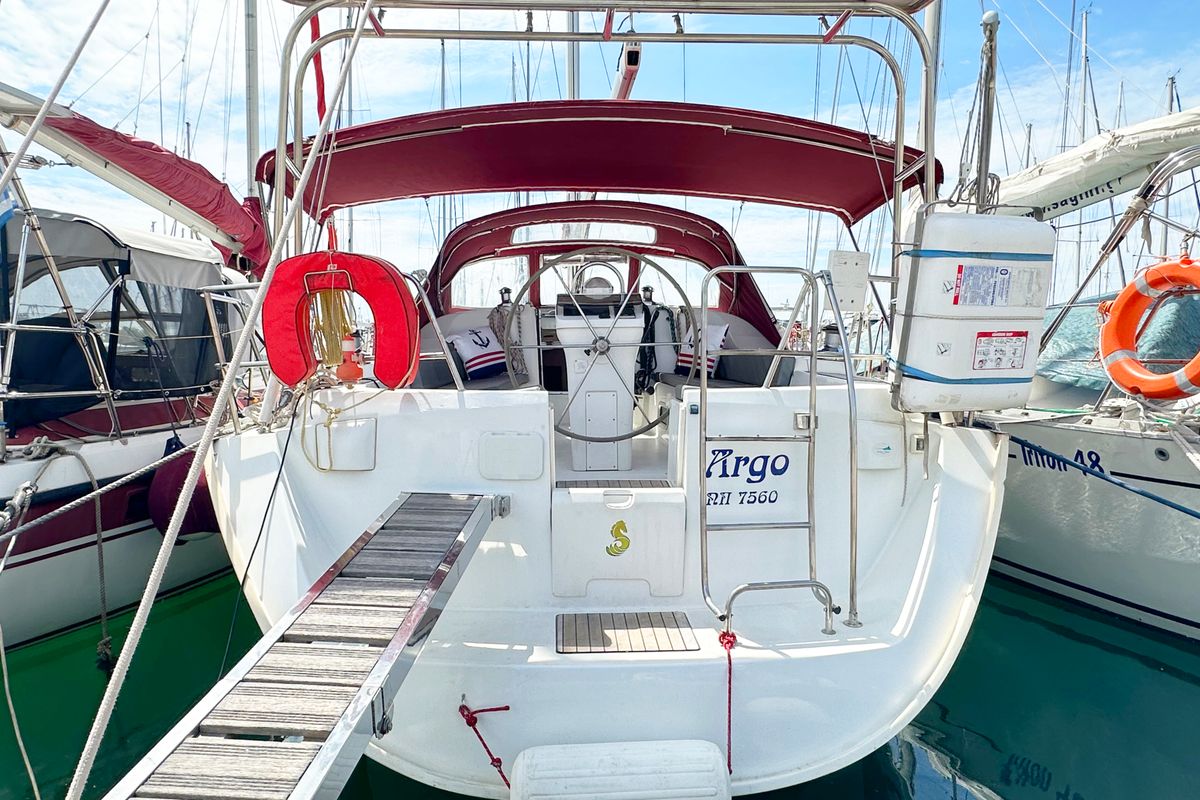 Exterior view of ARGO, a Beneteau Oceanis 393 sailboat at Marina Delta Kallithea, Greece